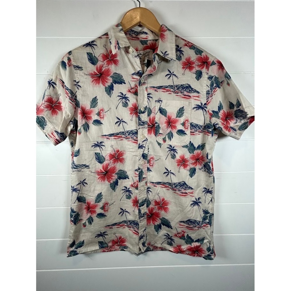 American Eagle Mens Small Tropical Hibiscus Linen Blend Button Down Shirt Cream